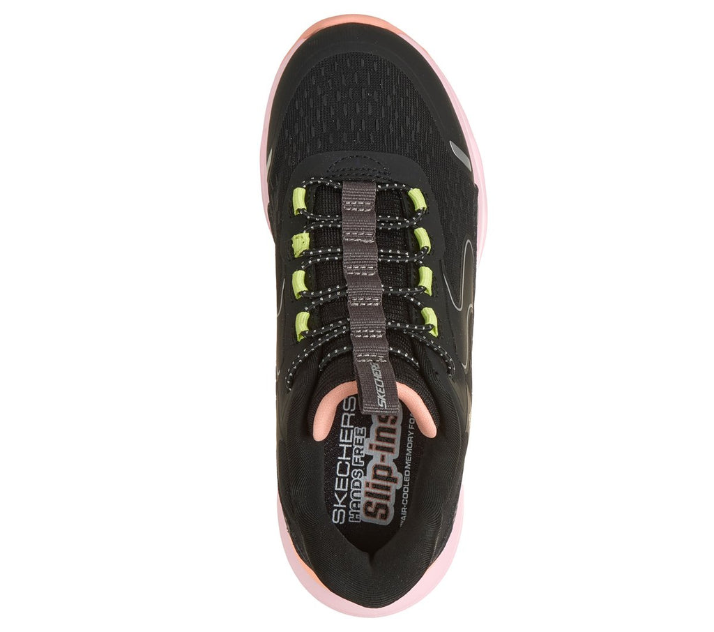 Top-down view of Skechers girls slip-in sneaker with elastic lacing and pink sole