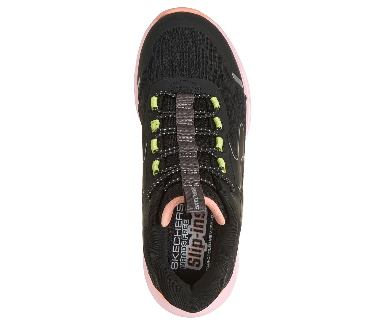 Top-down view of Skechers girls slip-in sneaker with elastic lacing and pink sole