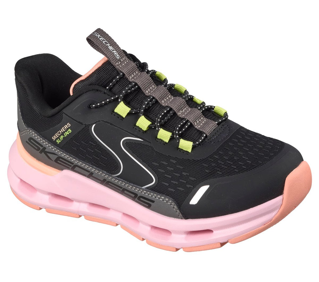 Skechers girls slip-in sneaker with black upper, pink chunky sole, and lime green lace accents