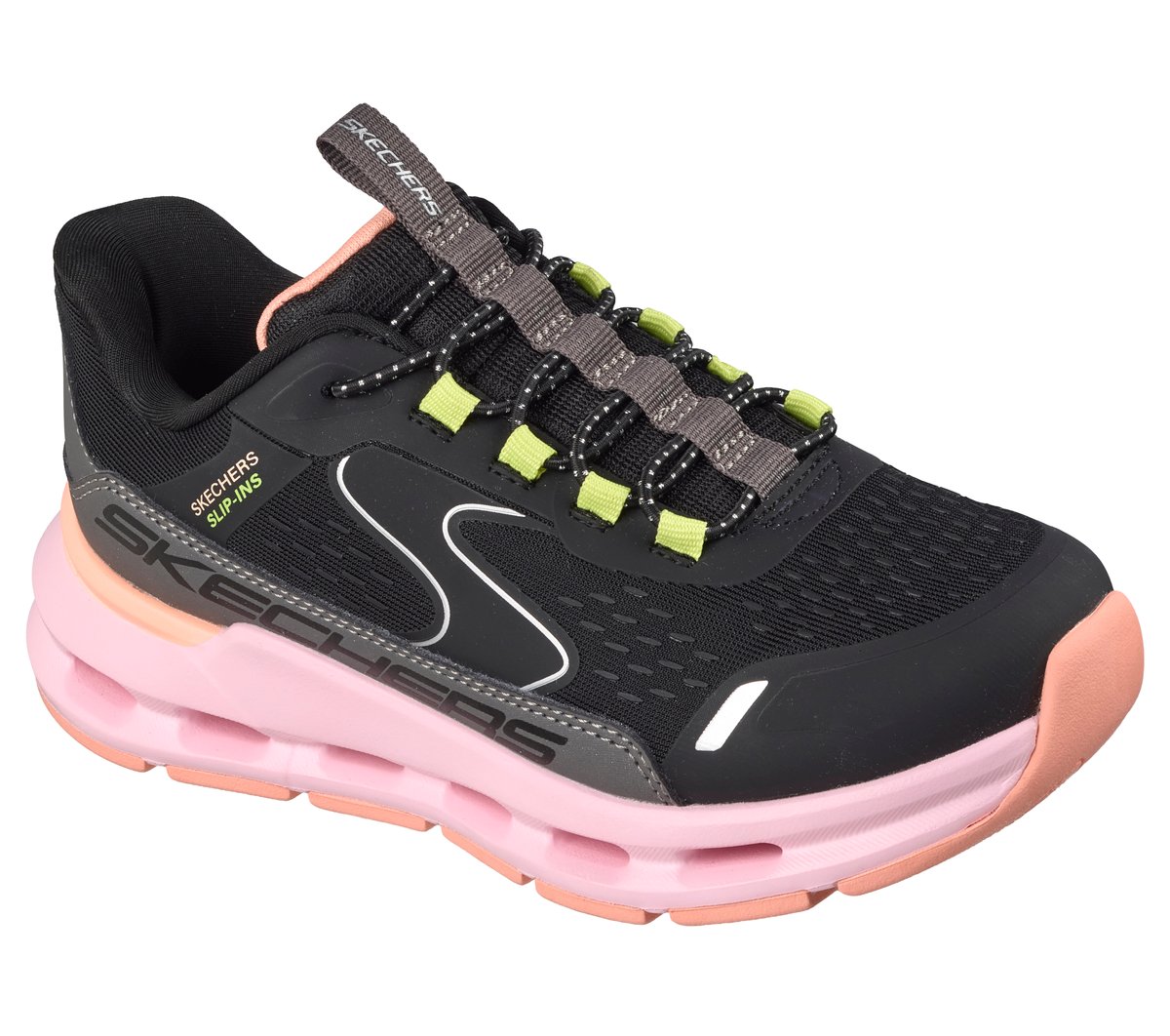 Skechers girls slip-in sneaker with black upper, pink chunky sole, and lime green lace accents