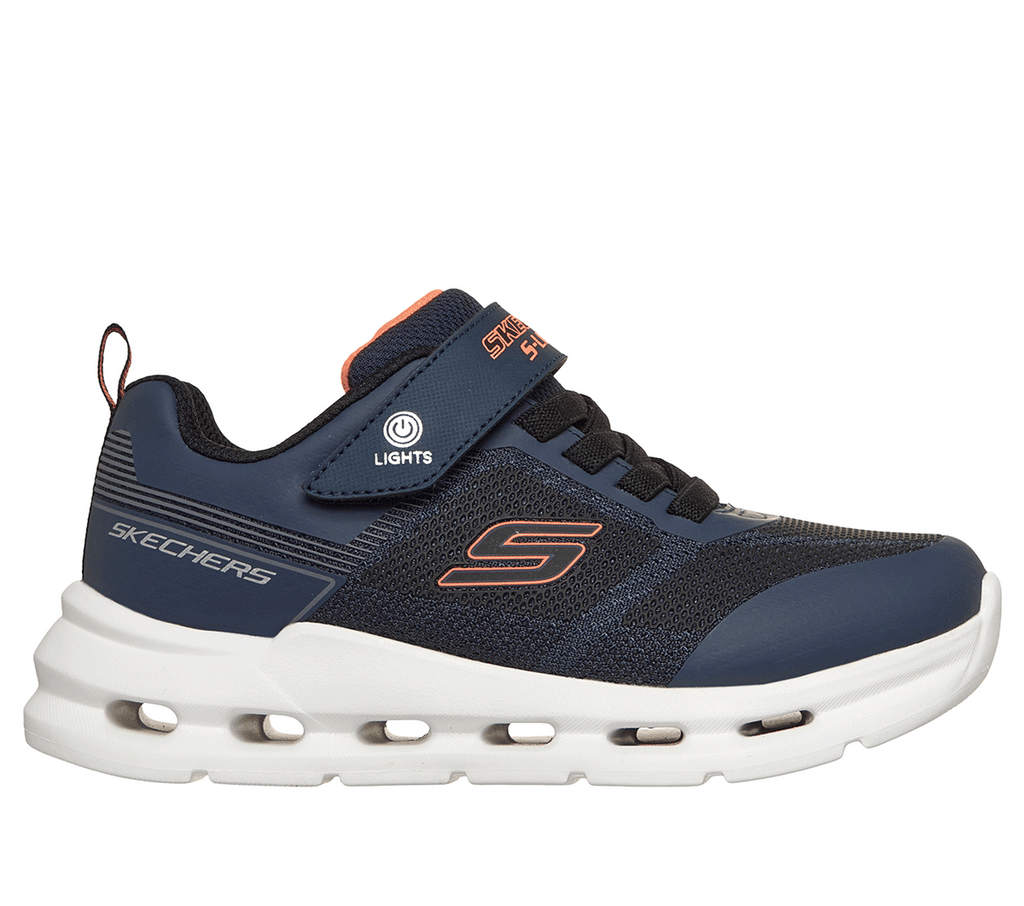 Skechers boys light-up sneaker with velcro strap, mesh upper, and chunky white sole