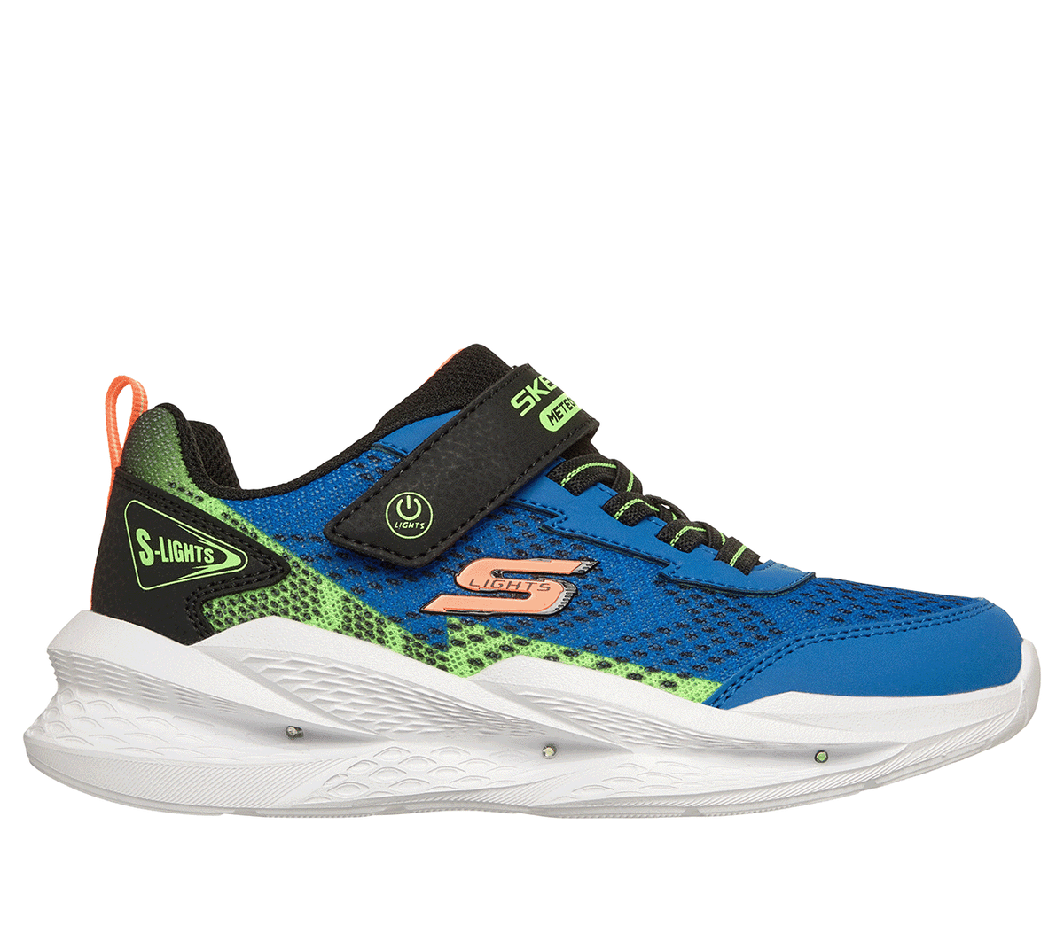 Skechers boys light-up sneaker with blue mesh upper, black strap, and white sole