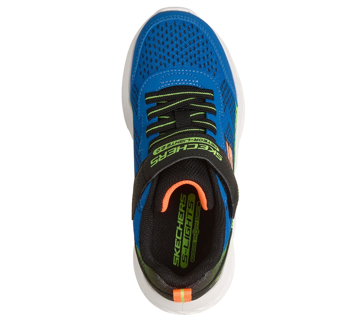 Skechers boys light-up sneaker shown from above with elastic lace closure