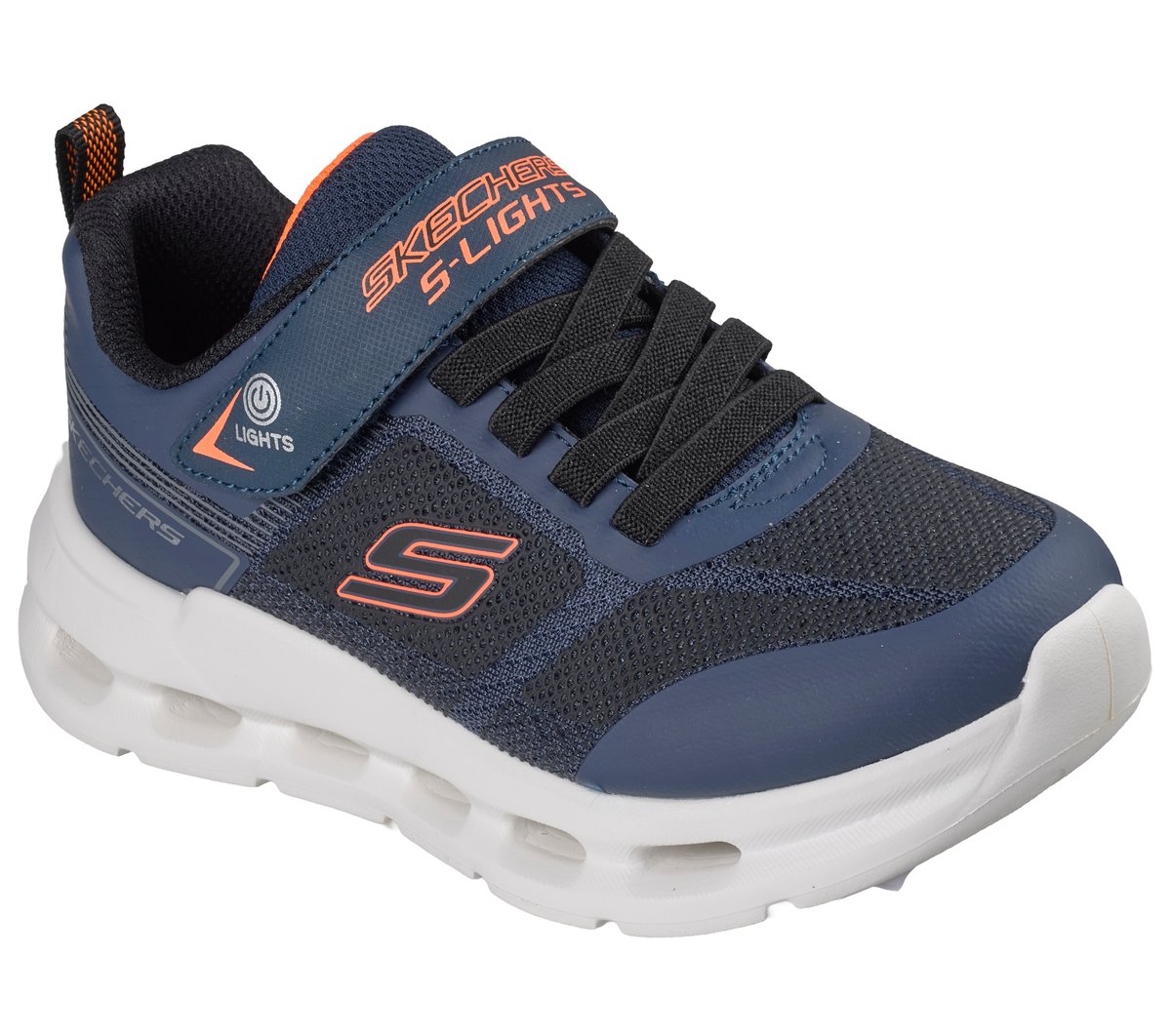 Skechers S-Lights boys sneaker with velcro strap, elastic laces, and light-up sole
