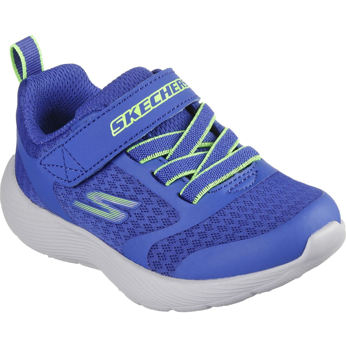 Skechers boys sneaker with velcro strap, bungee laces, and mesh upper on white sole