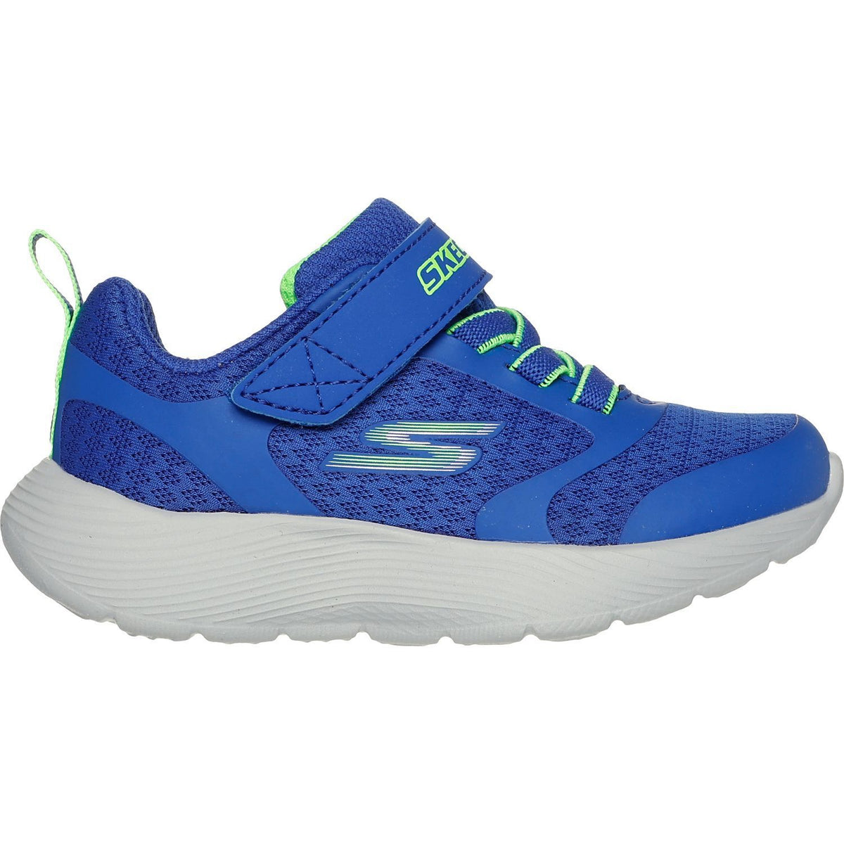 Skechers boys athletic sneaker with velcro strap, mesh upper, and chunky white outsole