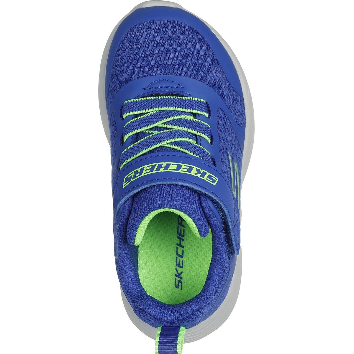 Skechers boys sneaker with velcro strap, elastic laces, and bright insole lining