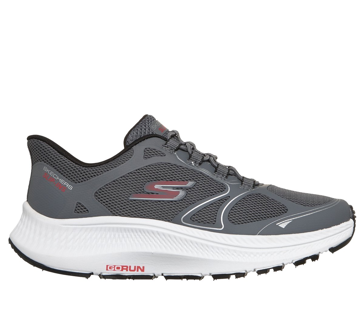 Skechers GoRun Consistent 2.0 boys running shoe with white midsole and red accents, lateral view