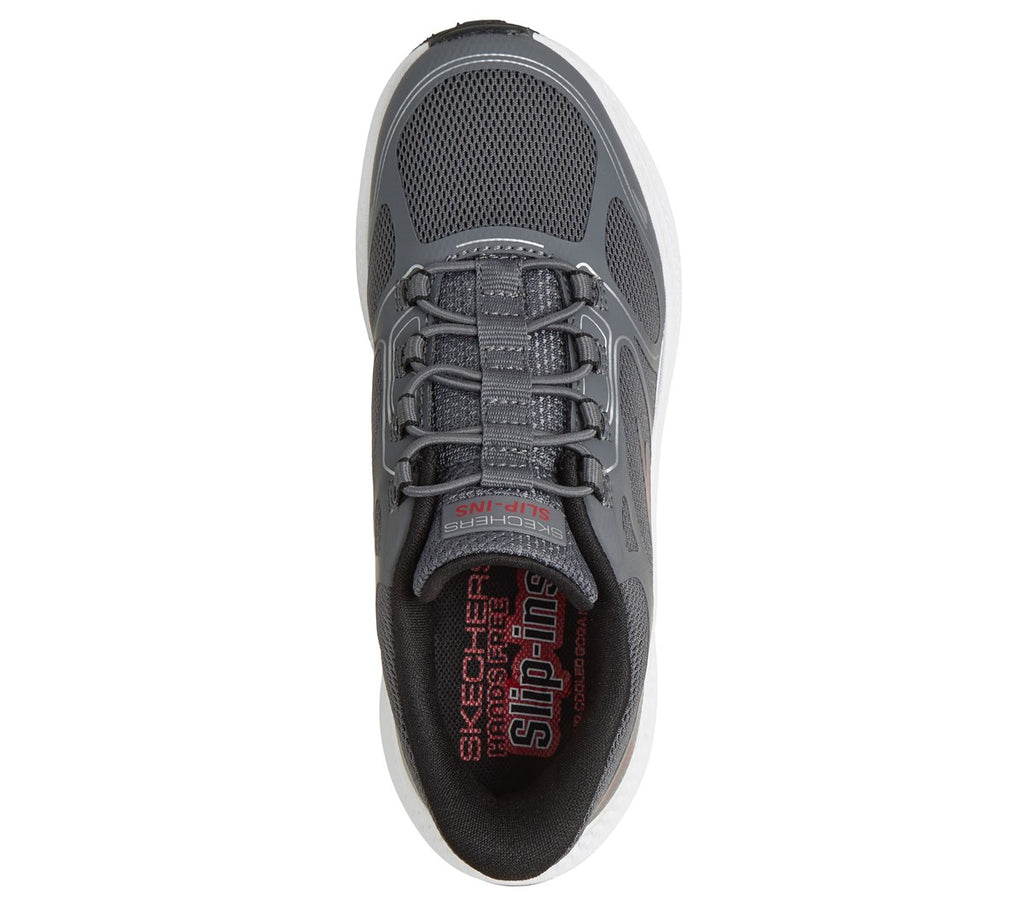 Top-down view of a Skechers Slip-ins athletic sneaker with elastic laces and mesh upper