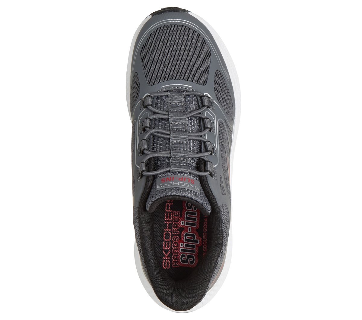 Top-down view of a Skechers Slip-ins athletic sneaker with elastic laces and mesh upper