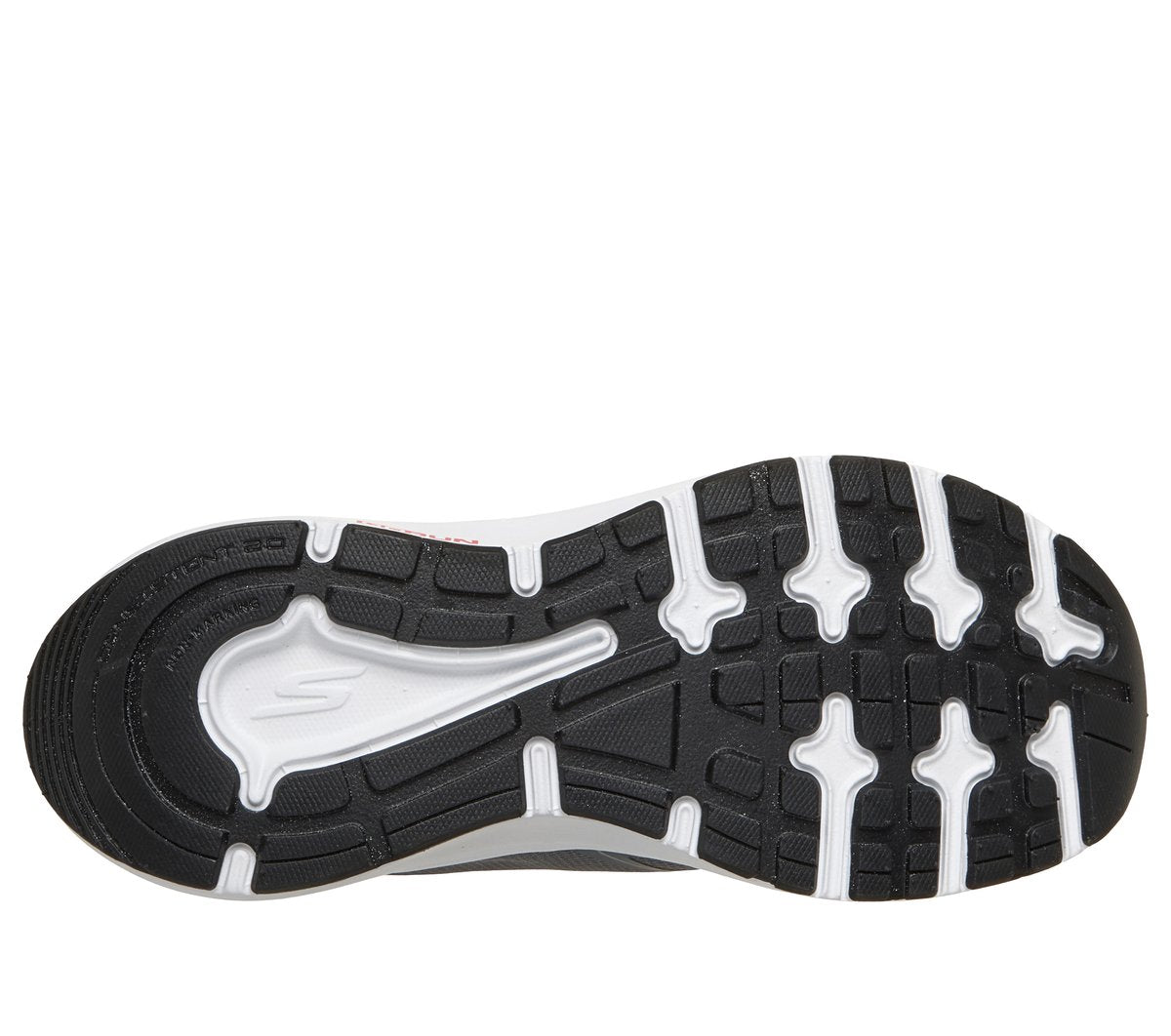Bottom sole view of Skechers boys running shoe showing black textured tread pattern with white accents