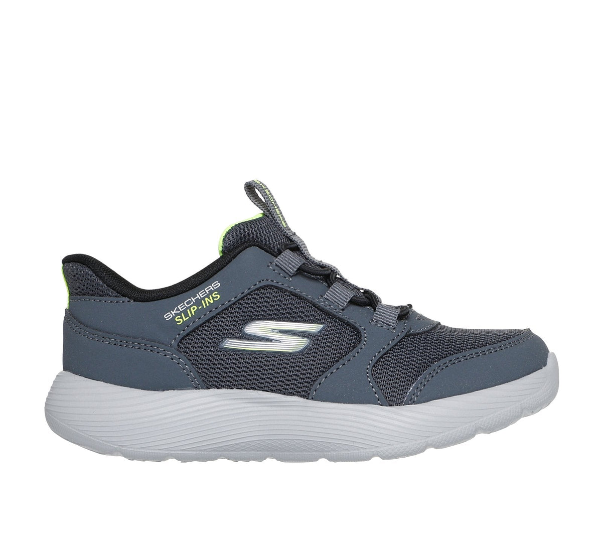 Skechers Slip-Ins boys sneaker with mesh upper, elastic lacing, and white sole