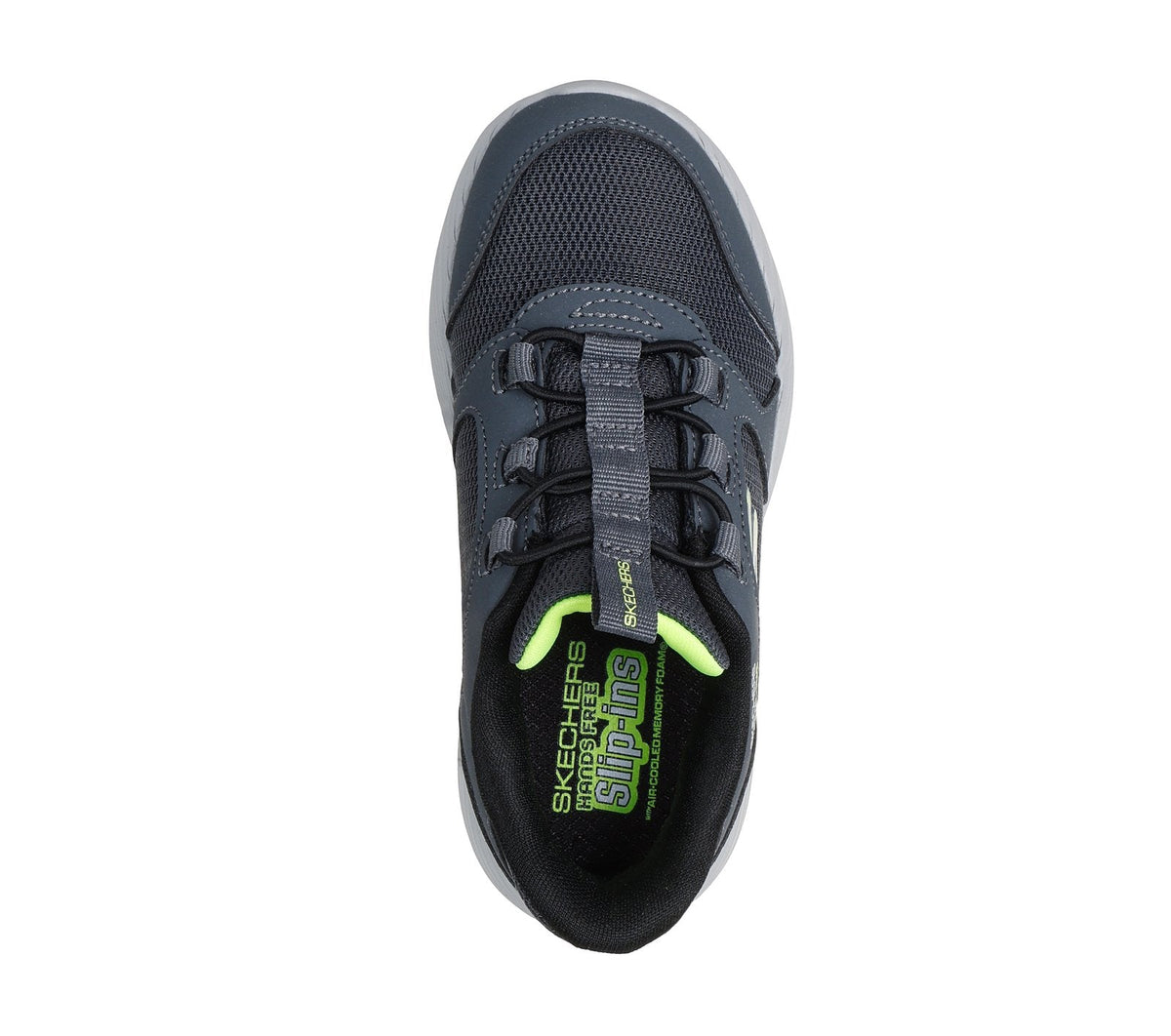 Top-down view of a boys slip-in sneaker with elastic lacing and lime green insole branding