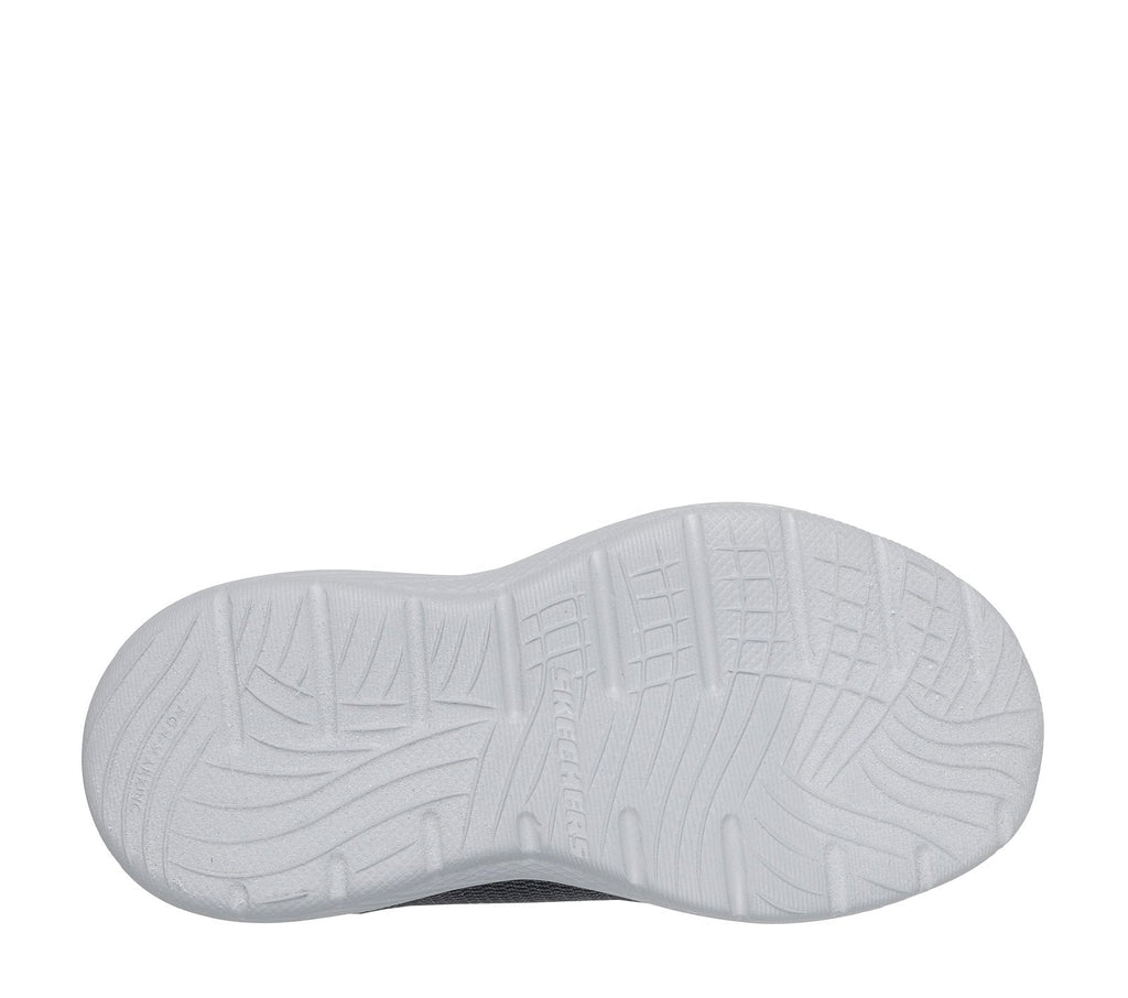 Bottom sole view of a boys slip-in sneaker showing tread pattern and grip design