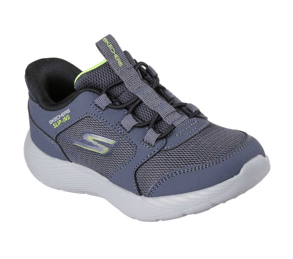 Skechers Slip-Ins boys athletic sneaker with elastic lacing and lime green accent details
