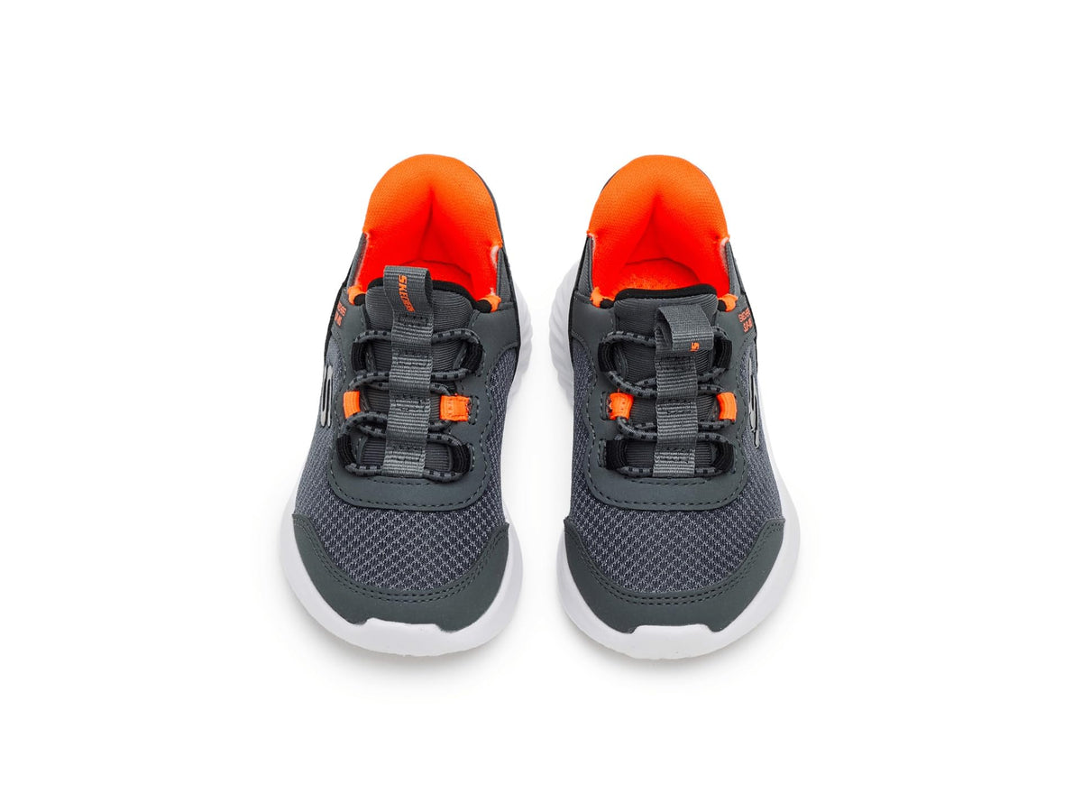 Toddler boys athletic sneakers with mesh upper, hook-and-loop straps, and bright accent lining, pair shown from above