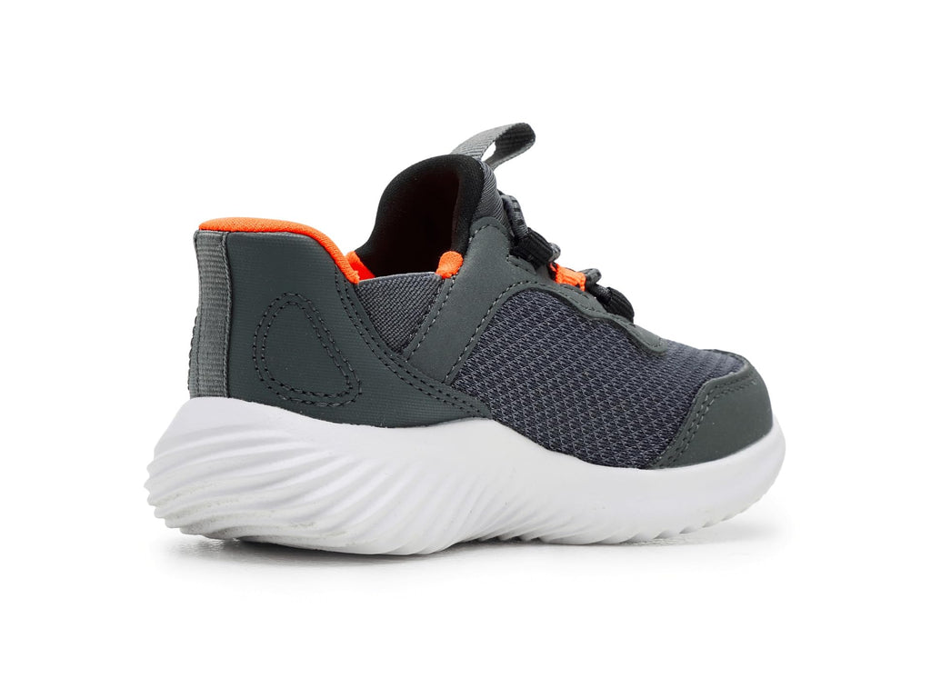 Toddler boys athletic sneaker shown from the back with white chunky sole