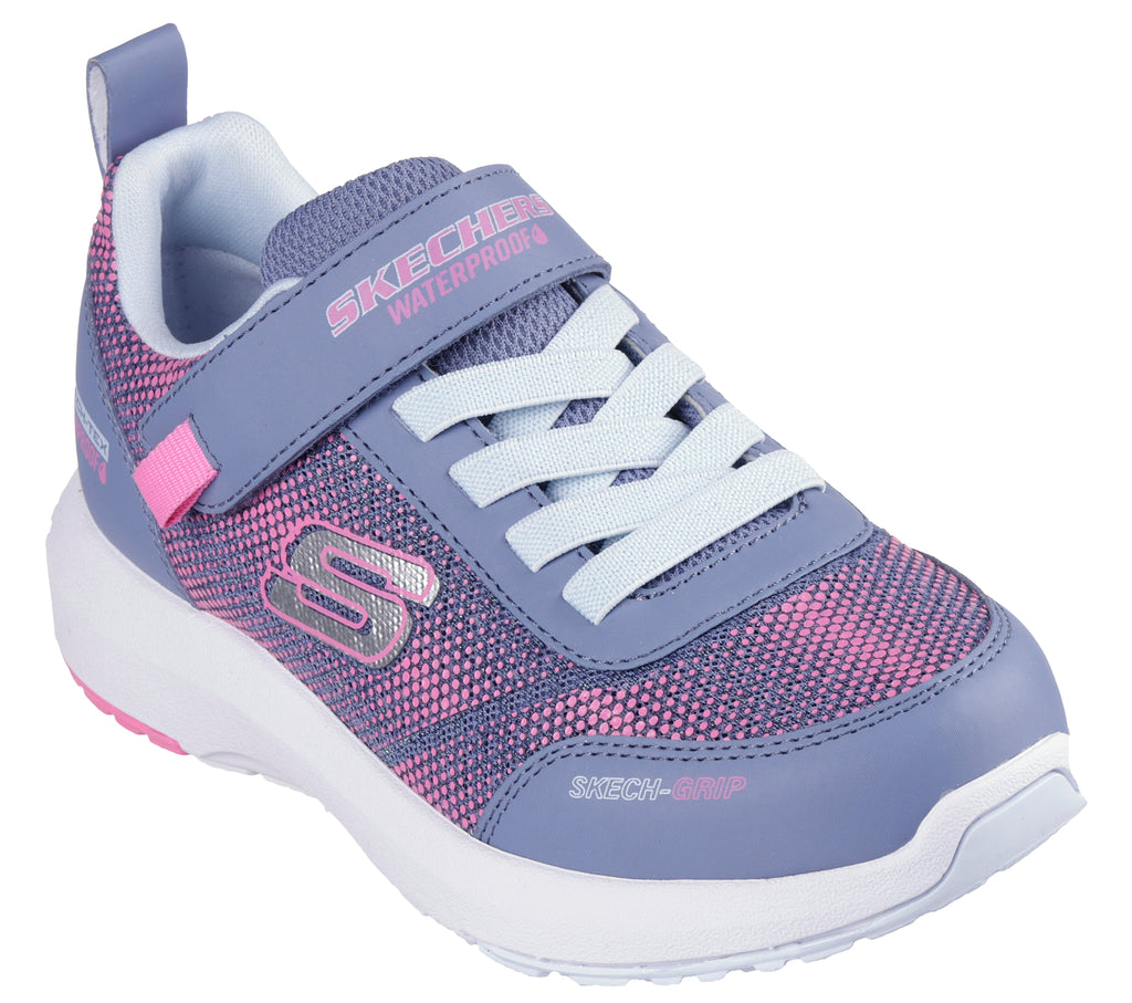 Skechers girls waterproof sneaker with velcro strap, laces, and Skech-Grip sole