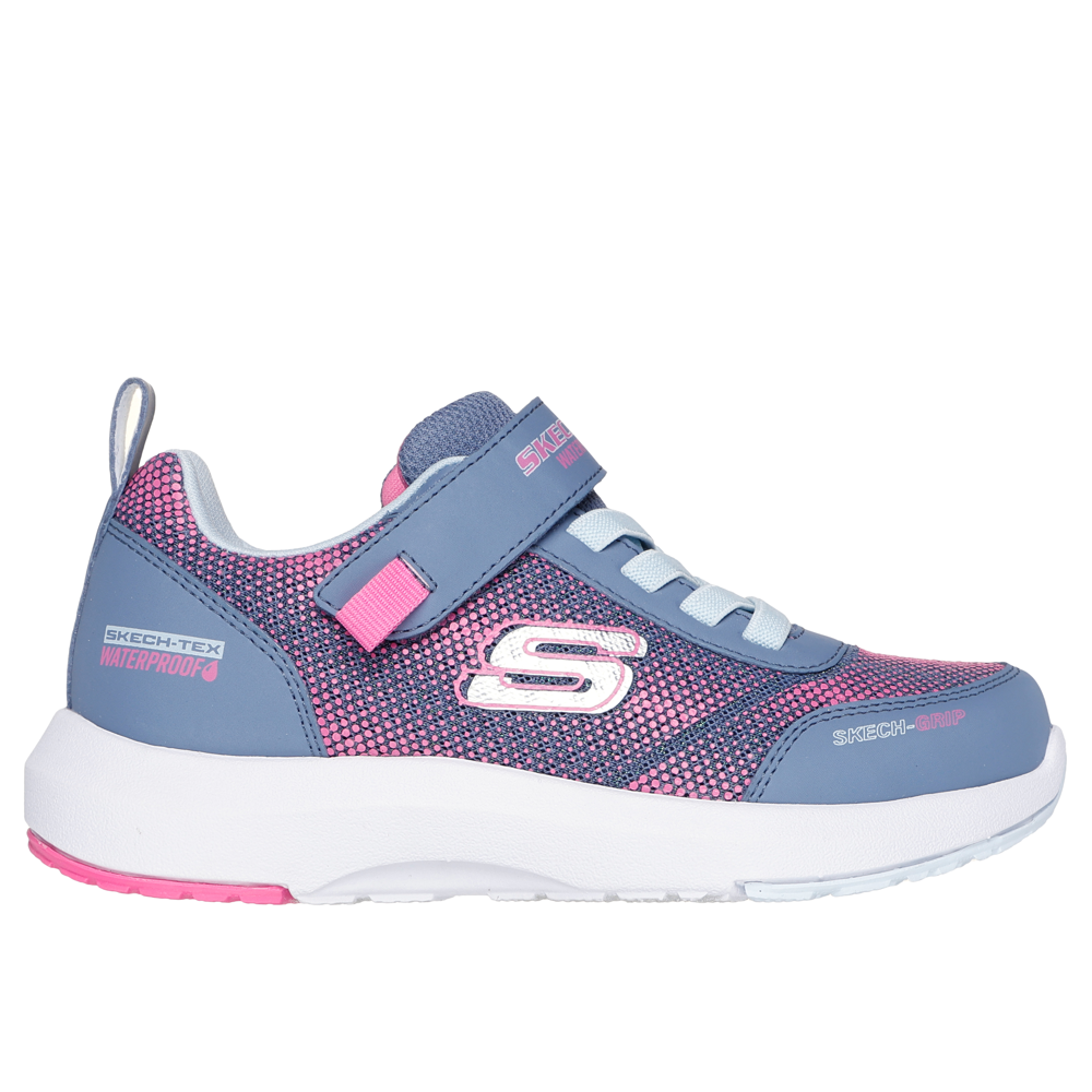 Skechers girls waterproof sneaker with velcro strap, mesh upper, and chunky white sole