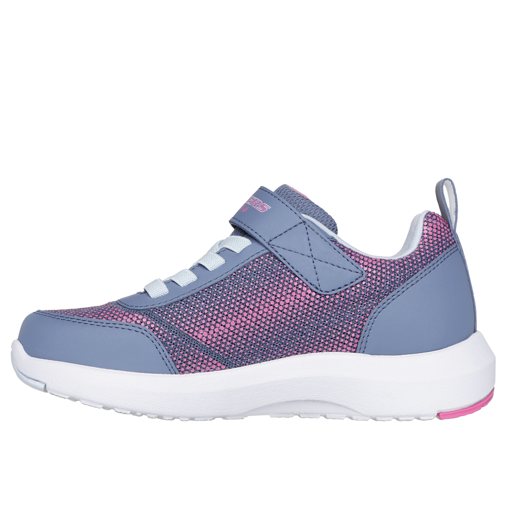 Skechers girls sneaker with grey upper, pink sparkle mesh, velcro strap, and white sole