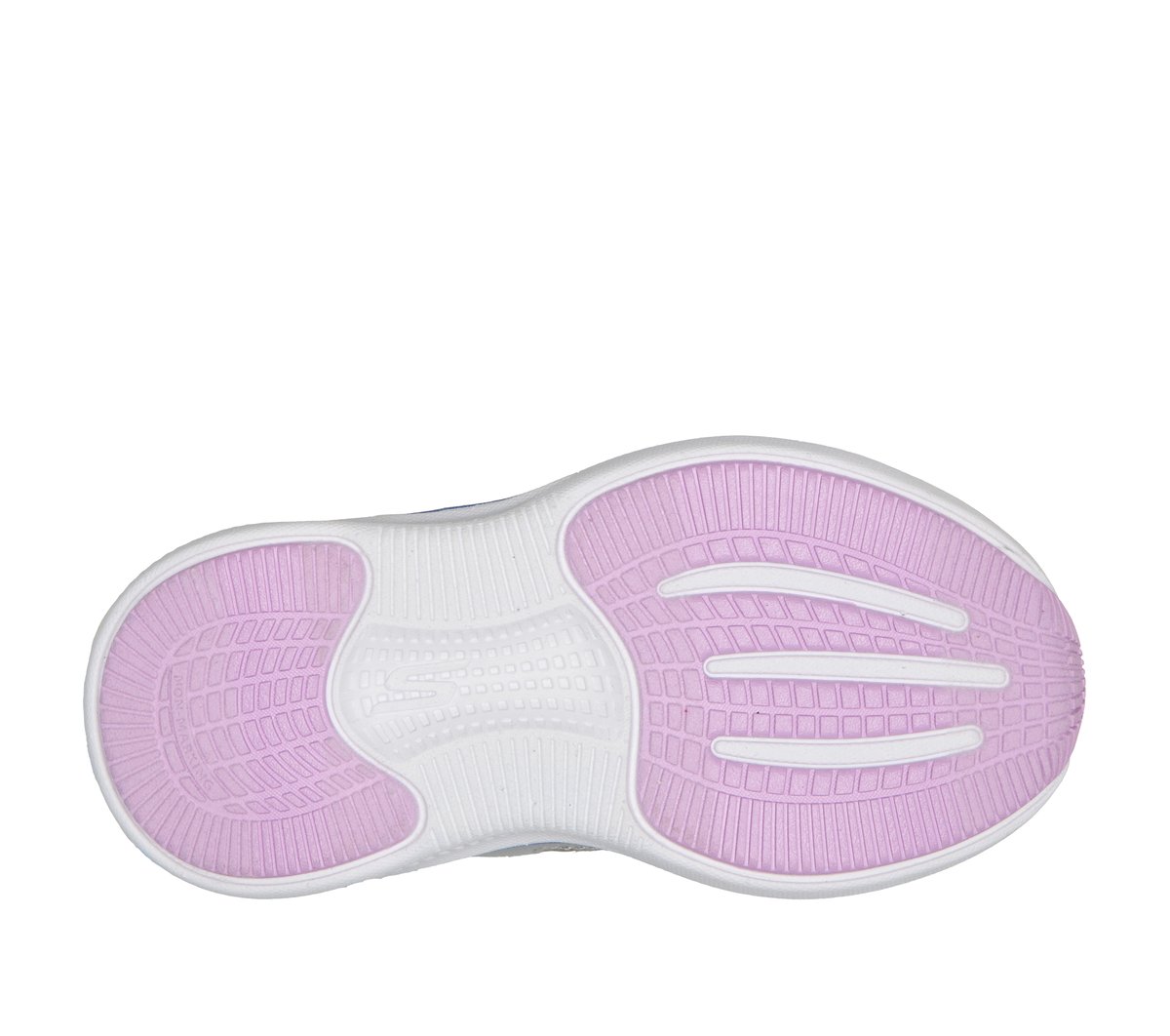 Bottom sole view of girls running sneaker showing lavender rubber outsole with traction pattern