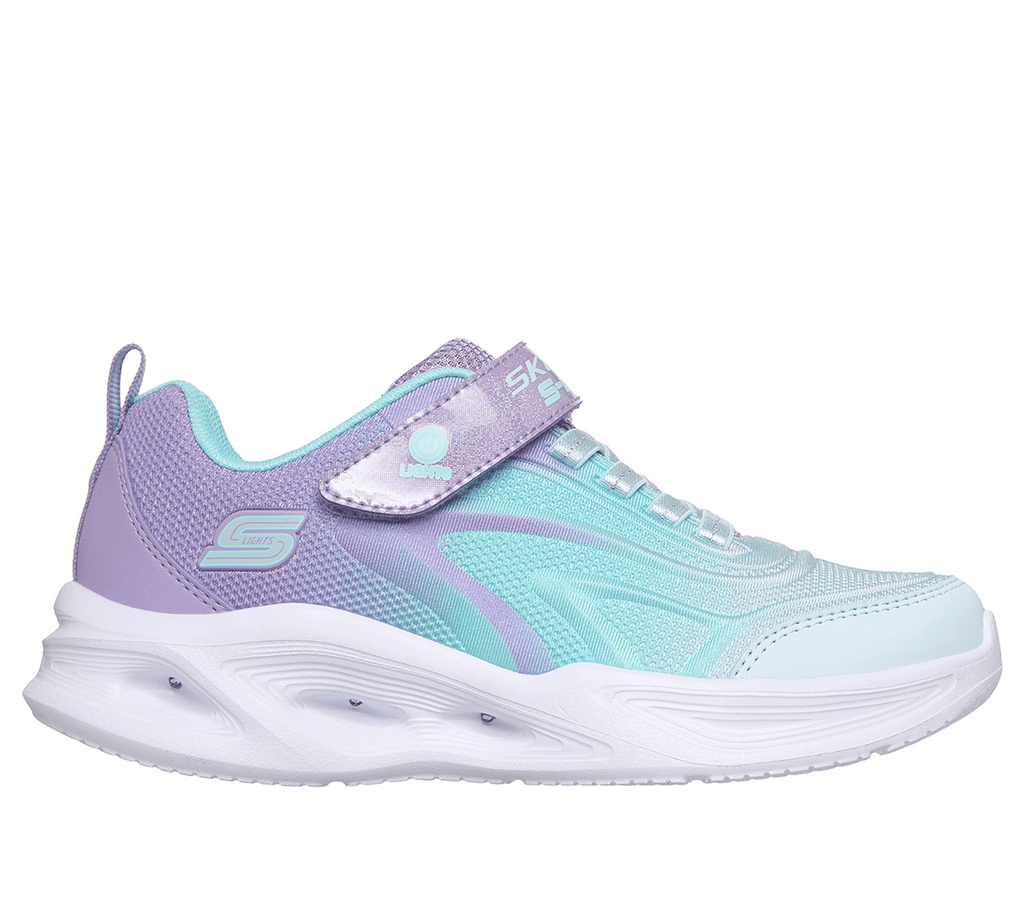 Skechers girls light-up sneaker with velcro strap, mesh upper, and chunky white sole