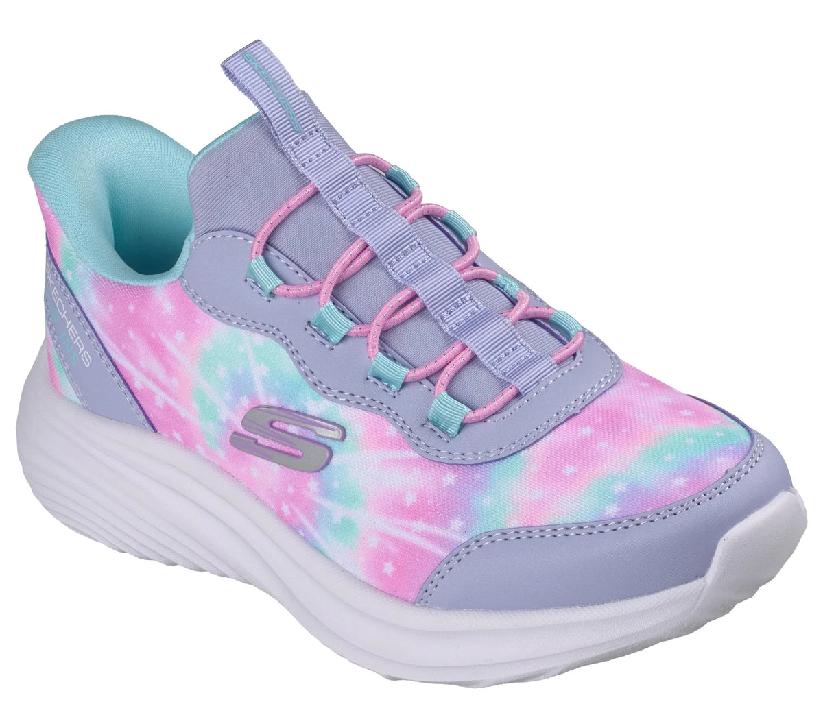 Skechers girls sneaker with tie-dye print upper, pink laces, and white sole