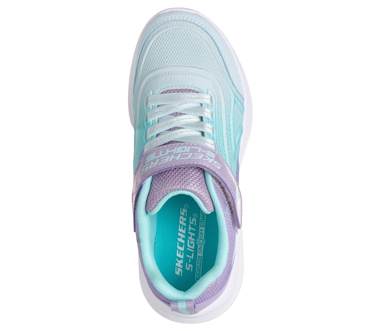 Skechers S-Lights girls sneaker with velcro strap, top-down view showing laces