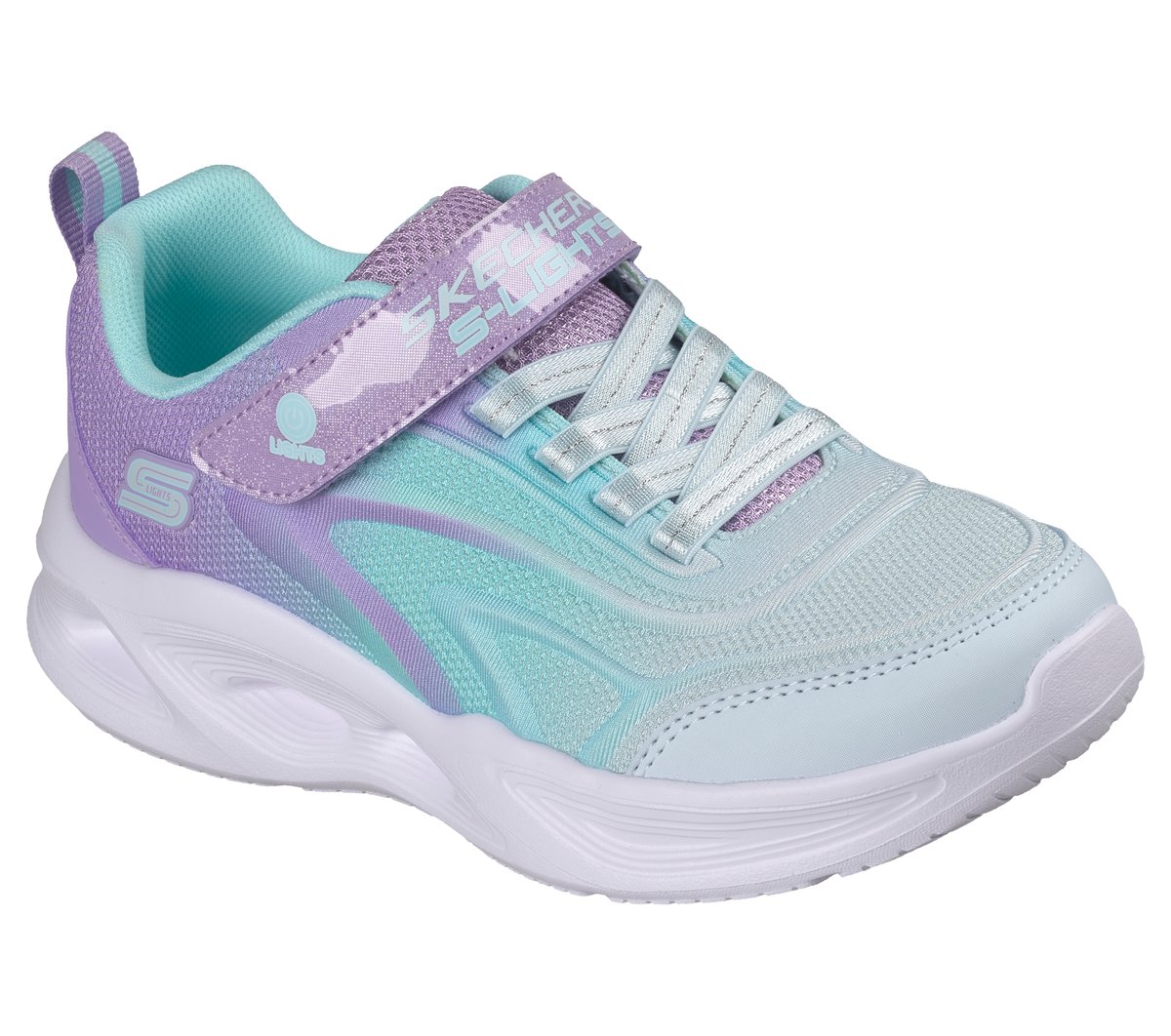 Skechers S-Lights girls sneaker with velcro strap, mesh upper, and chunky white sole