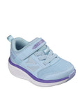 Skechers girls running sneaker with velcro strap, mesh upper, and purple sole accent