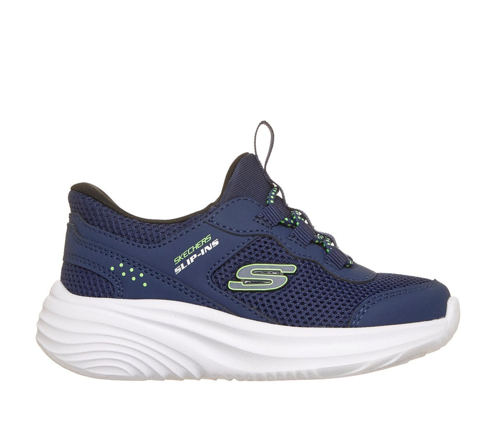 Skechers Slip-Ins boys sneaker with navy mesh upper and chunky white sole