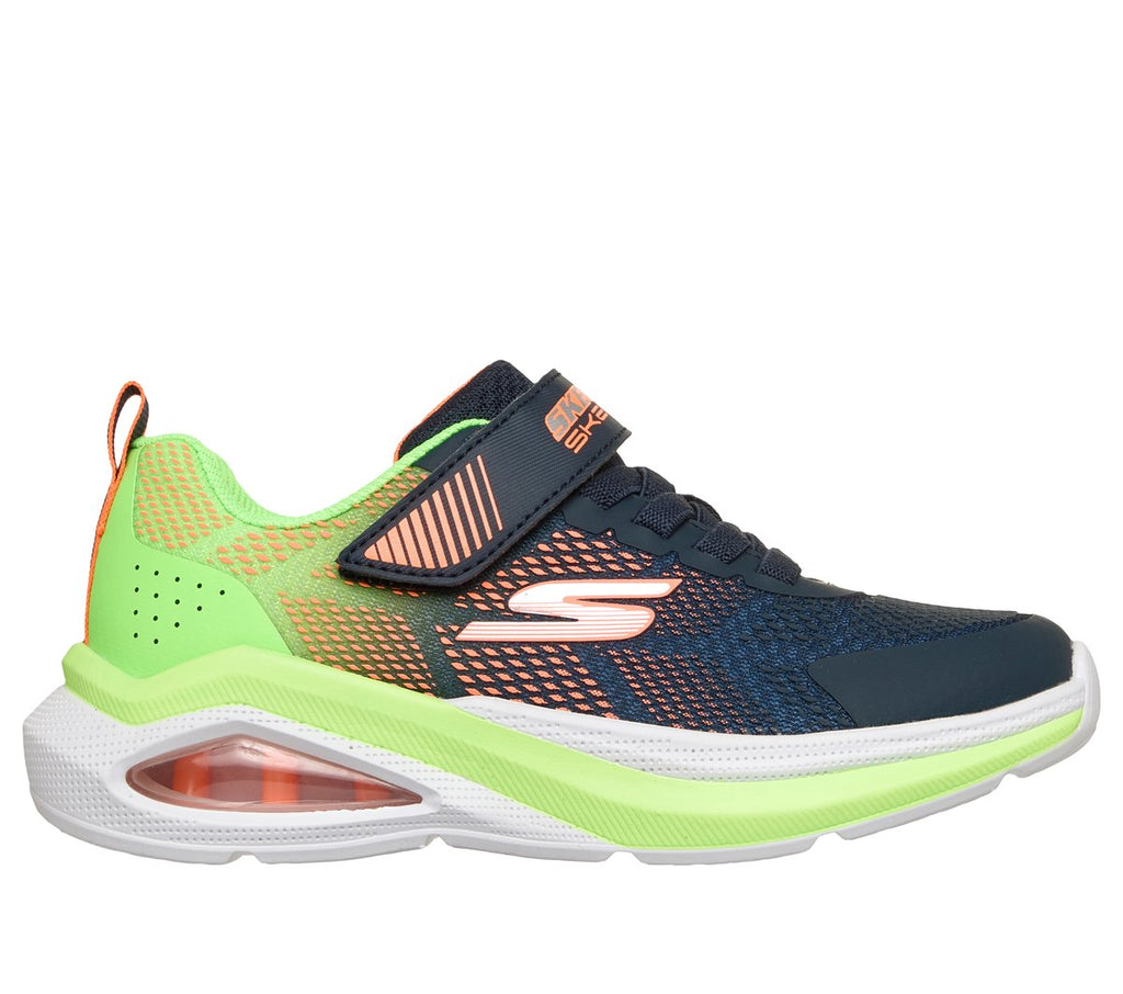 Skechers boys sneaker with velcro strap, lime green sole, and orange accent details