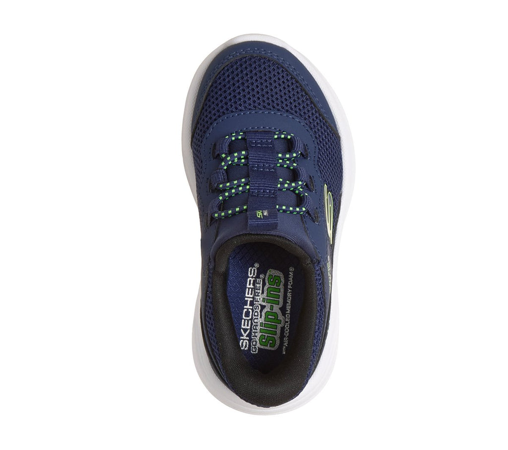 Top-down view of a boys navy sneaker with green bungee laces and memory foam insole