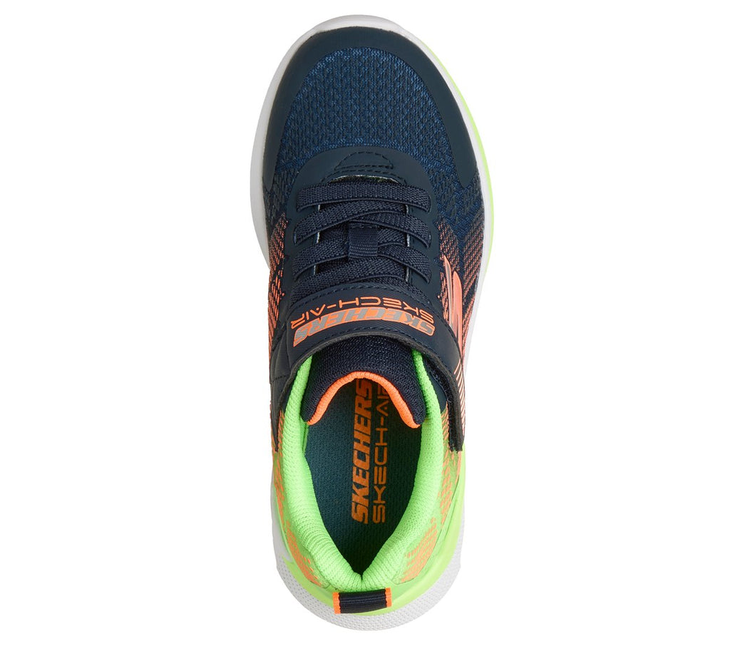 Skechers boys sneaker shown from top-down angle revealing laces and colorful interior lining