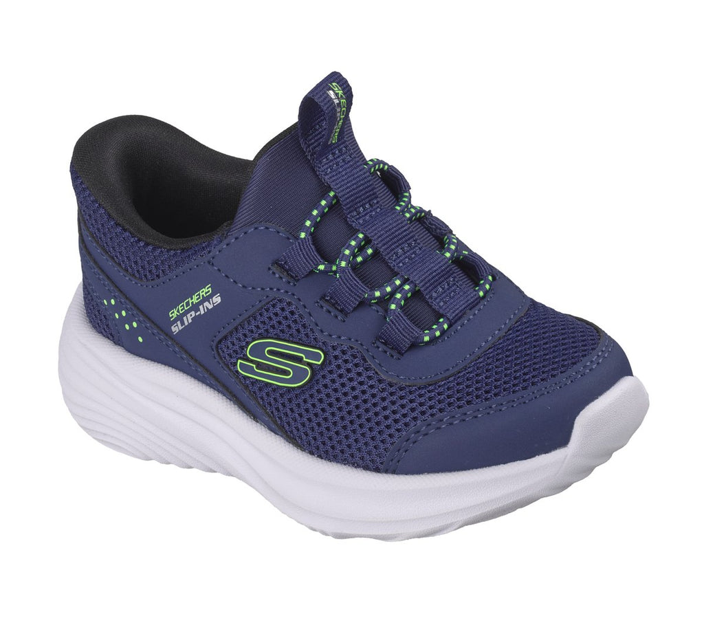 Skechers Slip-Ins boys sneaker with navy mesh upper and lime green logo accents