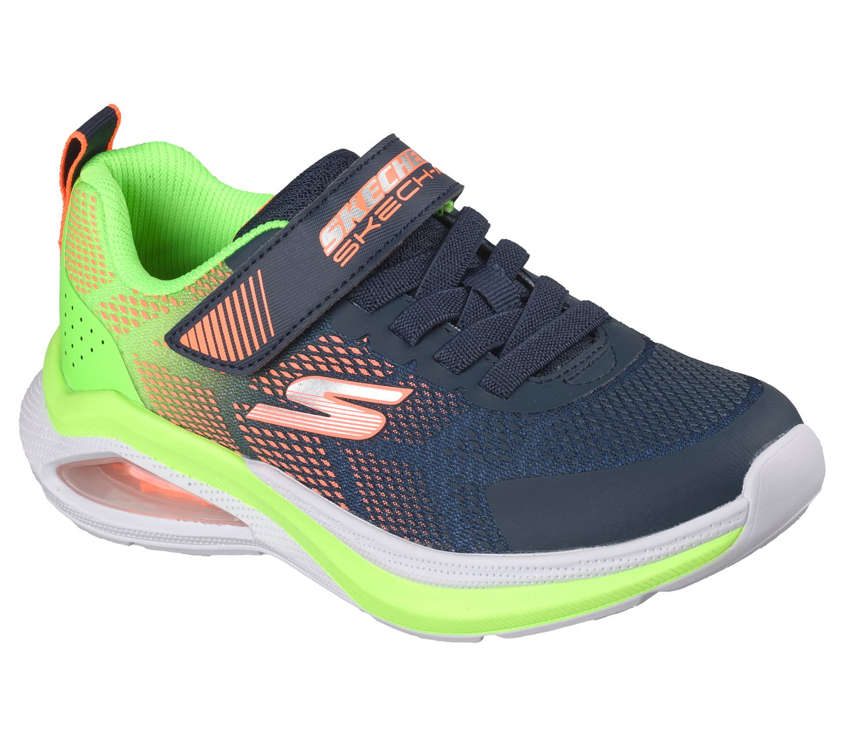 Skechers boys sneaker with velcro strap, laces, and neon green and orange accents