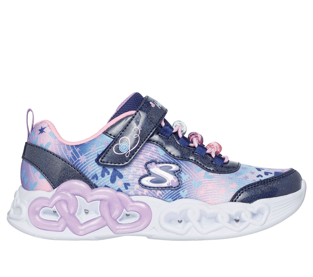 Skechers girls light-up sneaker with heart-shaped sole, velcro strap, and colorful iridescent upper