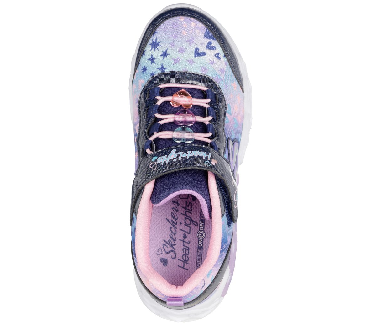 Skechers Heart Lights girls sneaker with iridescent upper, heart and star print, bead laces, top view