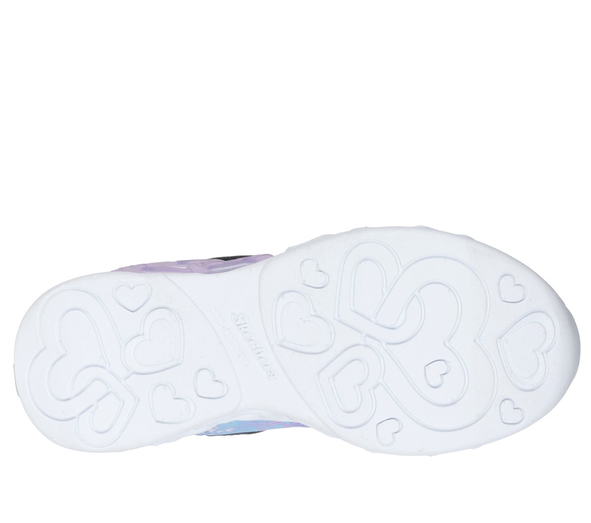 Bottom sole view of girls Skechers sneaker with heart-shaped tread pattern