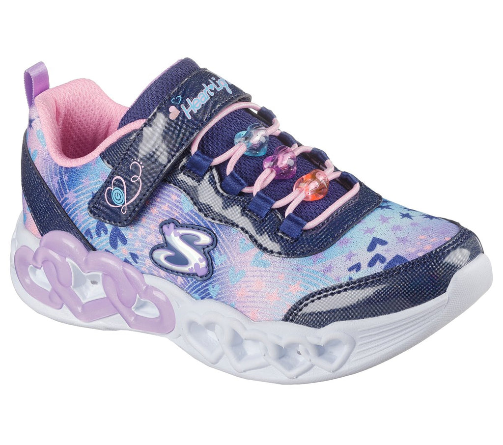 Skechers girls light-up sneaker with heart-shaped sole, jewel laces, and Velcro strap