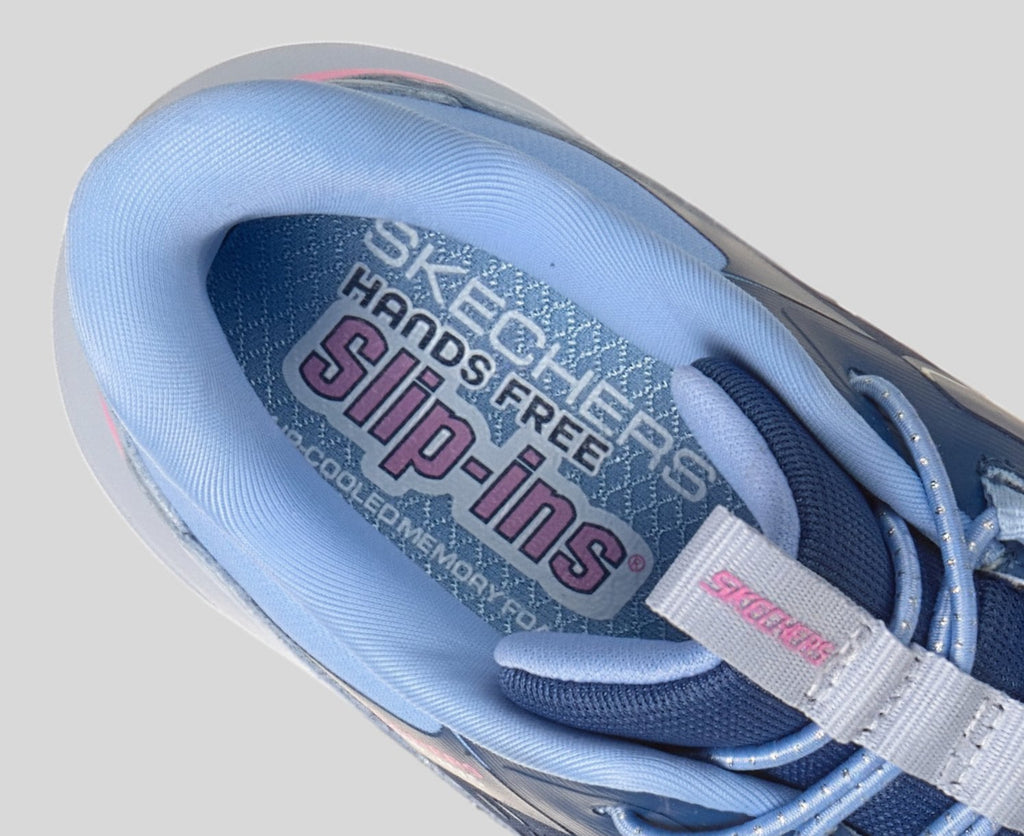 Close-up detail of Skechers Hands Free Slip-ins insole inside a blue sneaker
