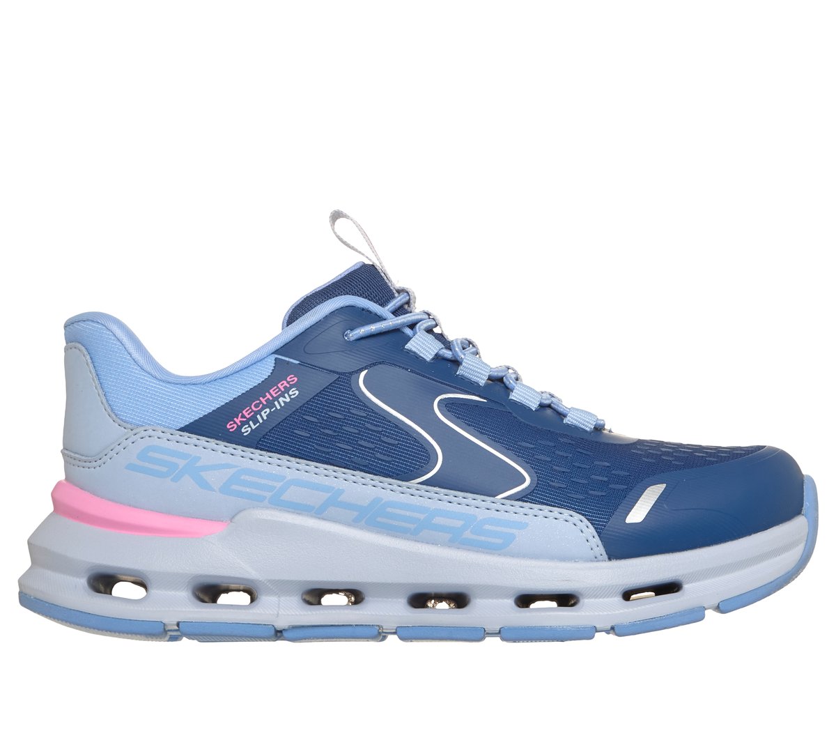 Skechers girls slip-in sneaker with navy upper, light blue accents, and cushioned sole