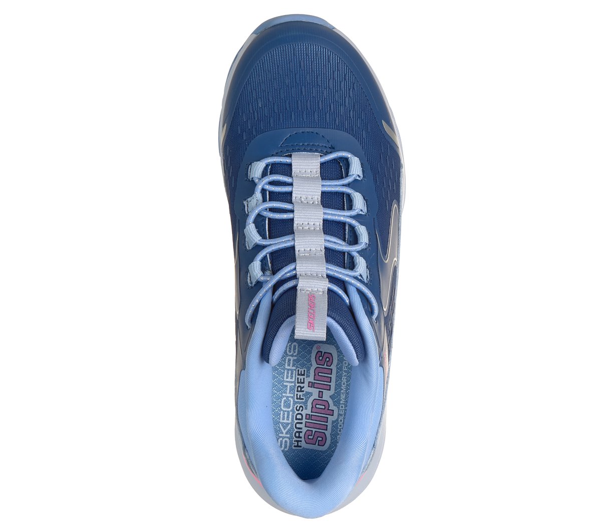 Skechers Hands Free Slip-ins girls sneaker shown from top-down angle revealing elastic lacing system