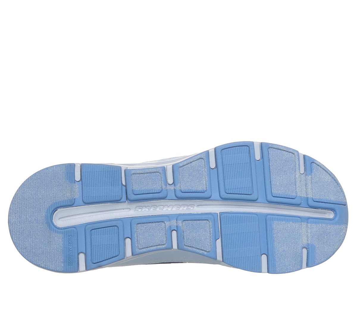 Bottom sole view of Skechers girls slip-in sneaker showing blue rubber outsole tread pattern