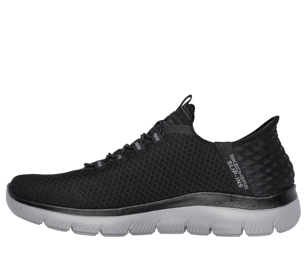 Skechers Slip-Ins men's mesh sneaker with elastic lacing and cushioned sole, lateral view