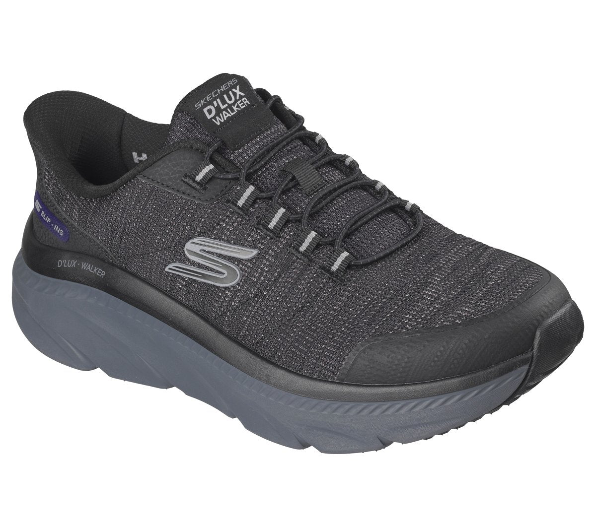 Skechers D'Lux Walker 3.0 men's slip-in sneaker with chunky gray sole, lateral view