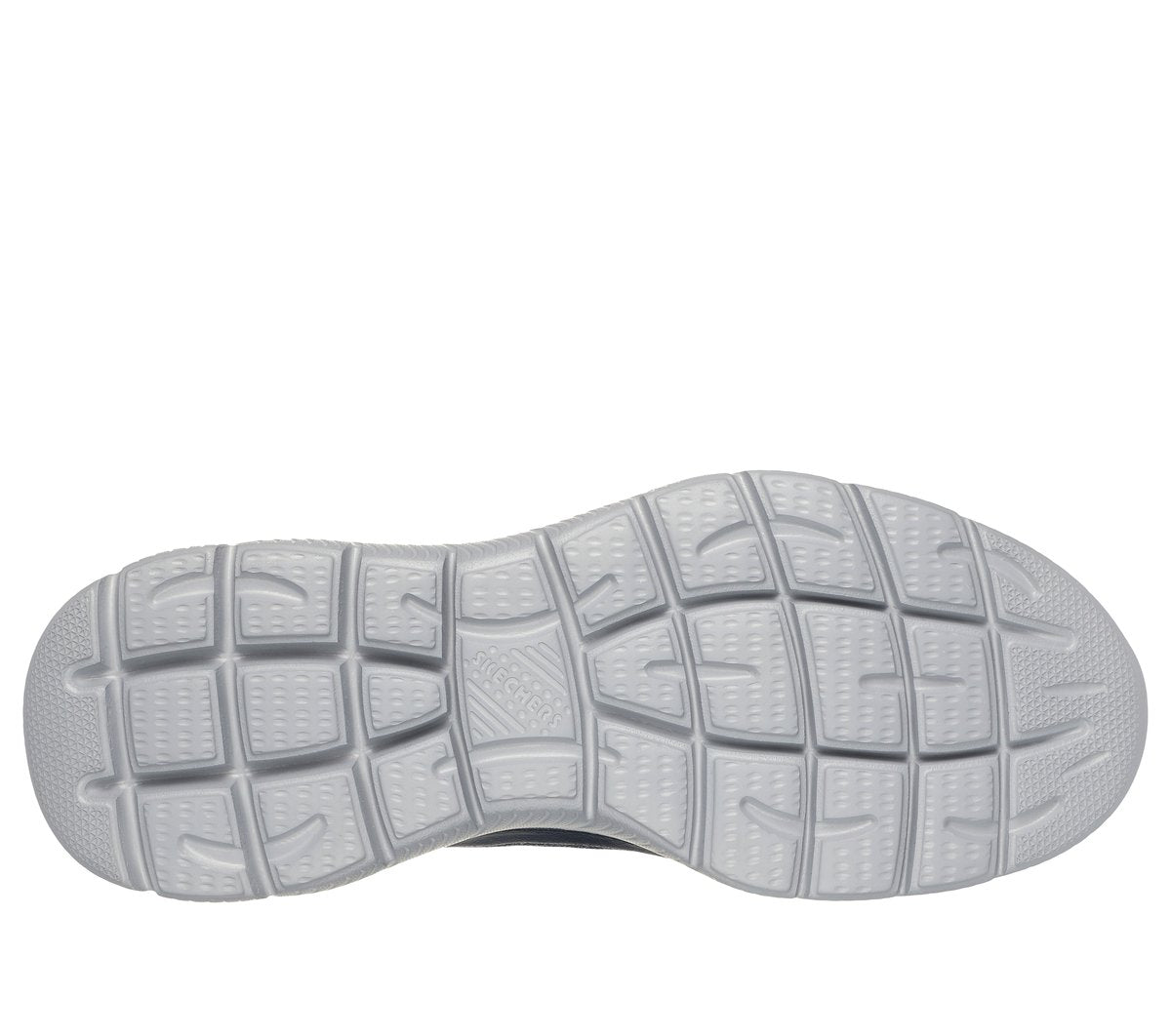 Bottom sole view of Skechers slip-in work sneaker showing tread pattern and flex grooves
