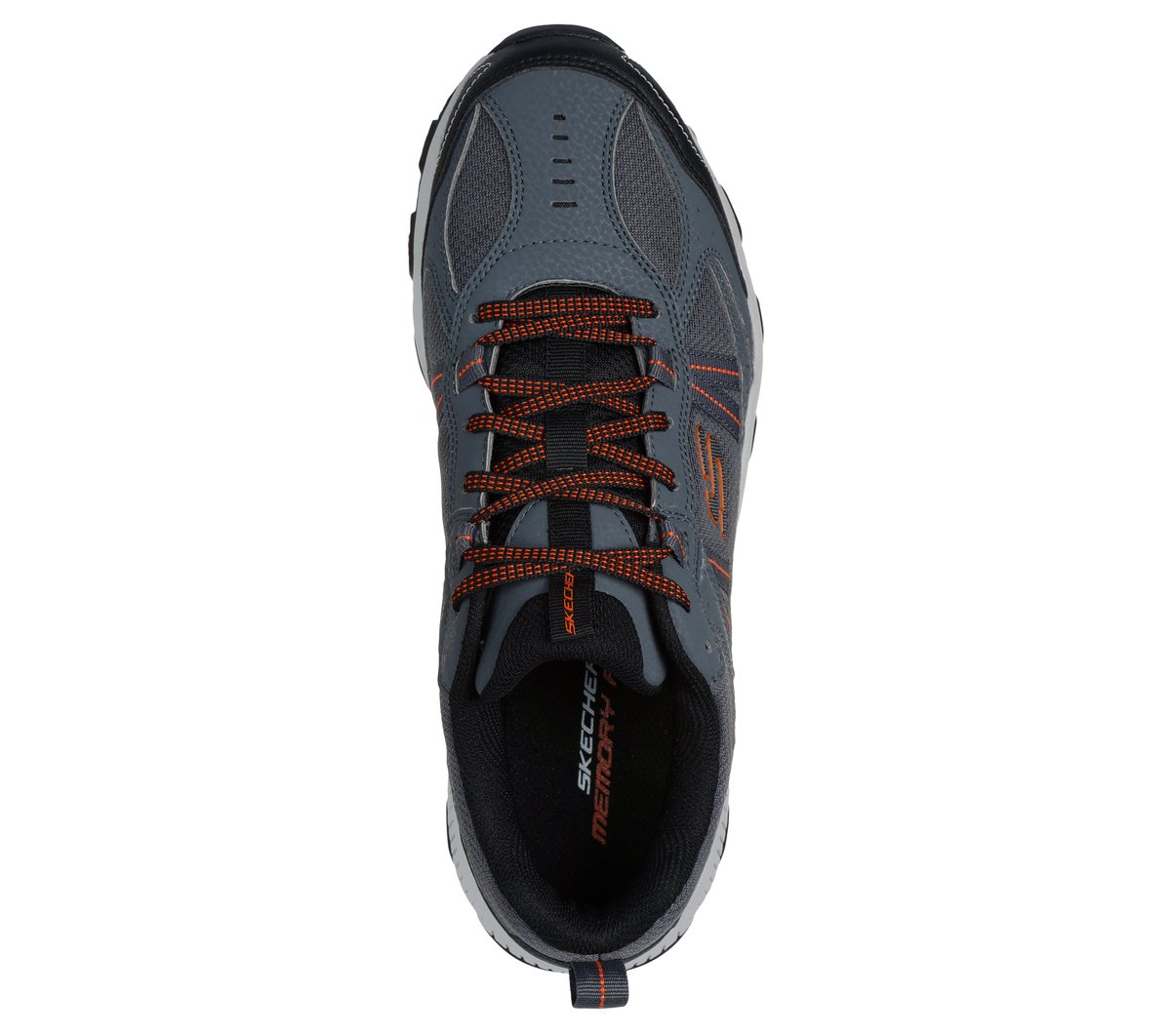 Skechers men's trail sneaker with orange laces, top-down view showing Memory Foam insole