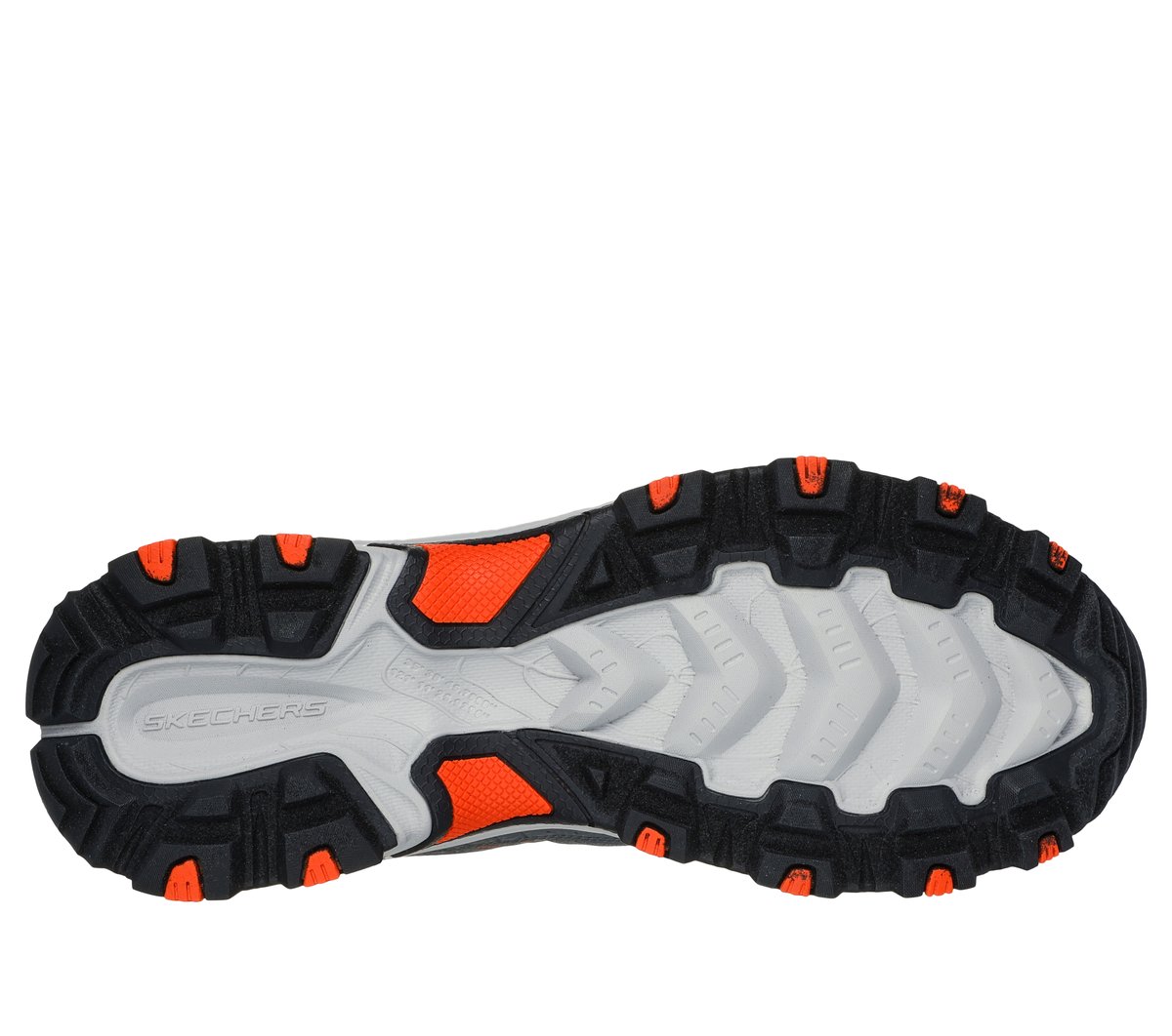 Bottom sole view of Skechers men's trail running shoe with aggressive lug pattern