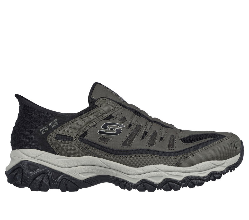 Skechers Slip-Ins Afterburn Ridgeburn men's slip-on sneaker with rugged outsole, lateral view